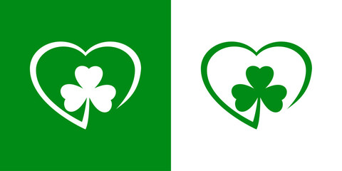 Día de San Patricio. Logo con silueta de corazón lineal con shamrock de 3 hojas © teracreonte