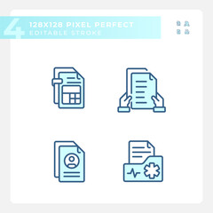 Pixel perfect blue icons set representing document, editable thin line illustration.