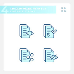 2D pixel perfect blue icons set representing document, editable thin linear illustration.