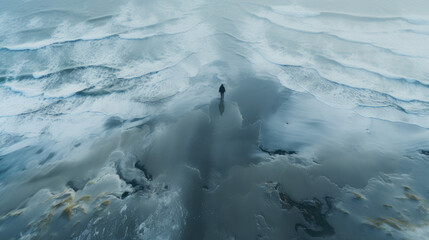 human walking on the northern arctic beach near kokkolu, ai generated.