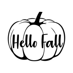 Logo con letras palabra hello fall con texto manuscrito en calabaza para su uso en invitaciones y tarjetas 