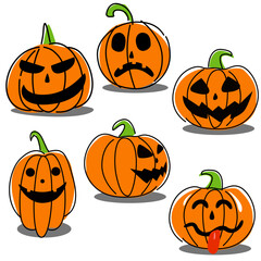 Scary and Funny Halloween pumpkin set. Flat style spooky creepy pumpkins. Vector illustration

