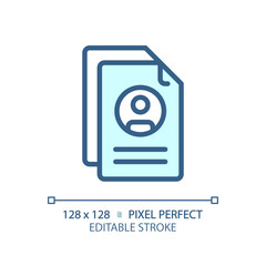 2D pixel perfect editable blue resume icon, isolated vector, thin line document illustration.