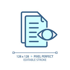 2D pixel perfect editable blue preview document icon, isolated vector, thin line document illustration.