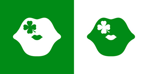 Día de San Patricio. Beso irlandés. Logo con silueta de labios de mujer con trébol de 4 hojas