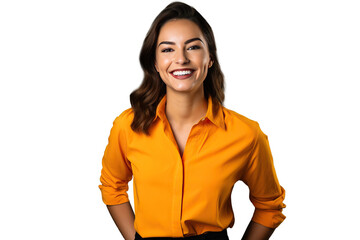 portrait of smiling young woman with orange yellow shirt, transparent background