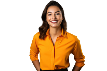 portrait of smiling young woman with orange yellow shirt, transparent background