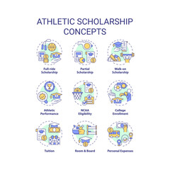 2D editable icons set representing athletic scholarship concepts, isolated vector, thin line colorful illustration.