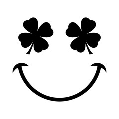 Día de San Patricio. Símbolo de suerte. Logo con silueta de emoticono con cara con tréboles de 4 hojas como ojos y sonrisa - obrazy, fototapety, plakaty