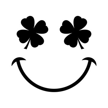 D&iacute;a de San Patricio. S&iacute;mbolo de suerte. Logo con silueta de emoticono con cara con tr&eacute;boles de 4 hojas como ojos y sonrisa
