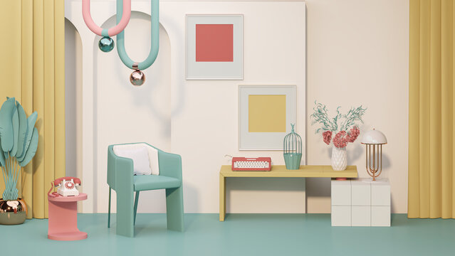Memphis style conceptual interior room. Colorfull living room interior two green armchairs, red shelf with art decoration, clock, lamp, carpet on coral pink and beige concrete floor. 3D rendering.	