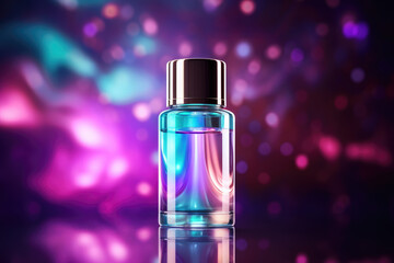 Obraz na płótnie Canvas perfect Cosmetic shiny holographic colors bottle on the dark natural background, ai generated.