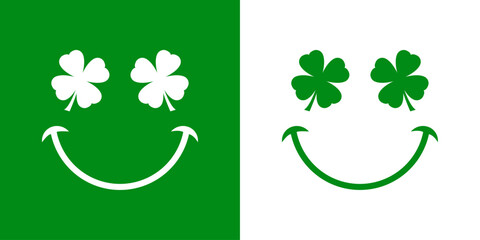 Día de San Patricio. Símbolo de suerte. Logo con silueta de emoticono con cara con tréboles de 4 hojas como ojos y sonrisa