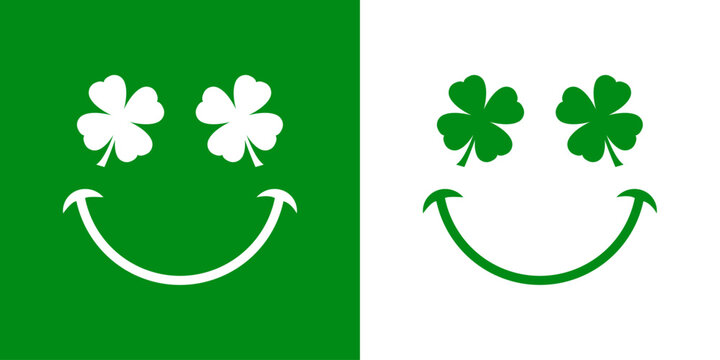 Día de San Patricio. Símbolo de suerte. Logo con silueta de emoticono con cara con tréboles de 4 hojas como ojos y sonrisa