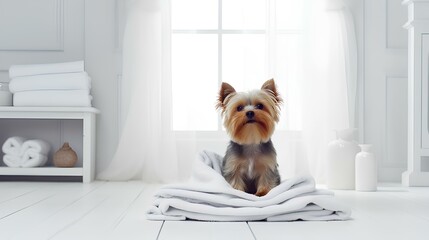 A dog with a towel in a bright bathroom.