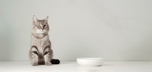 A cat near an empty bowl hinting to feed her.