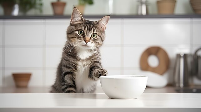 A cat near an empty bowl hinting to feed her.