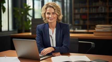 Happy smiling mature mid aged professional business woman manager executive or lawyer attorney looking at camera at workplace working on laptop computer technology - generative AI, fiction Person
