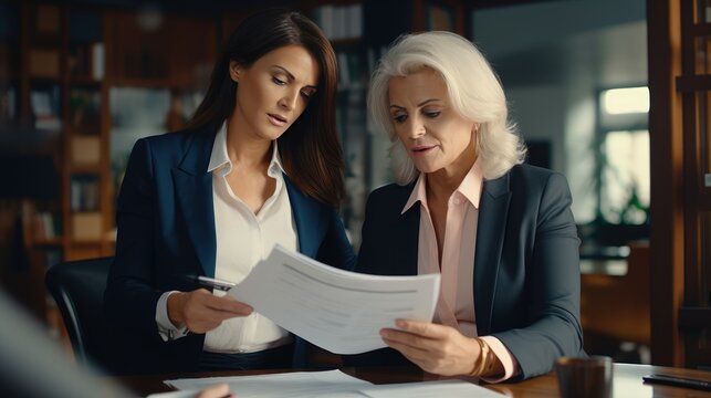 Mature Business Woman Manager Discussing Documents Looking At Partner Consulting Client At Office Meeting, Two Professional Accountants Holding Tax Papers Working  - Generative AI, Fiction Person