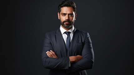 Proud confident bearded indian business man investor, rich ethnic ceo, corporate executive, professional lawyer banker, male office employee standing isolated on gray  - generative AI, fiction Person