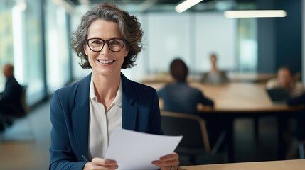 Smiling mature business woman hr holding cv at job interview. Happy mid aged professional banking financial manager, insurance agent, lawyer consulting clients - generative AI, fiction Person
