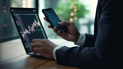 Stock trader investor broker holding mobile phone looking at laptop using computer analyzing trade cryptocurrency financial digital market indexes crypto  - generative AI, fiction Person