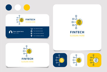 Fintech logo design with editable slogan. Branding book and business card template.
