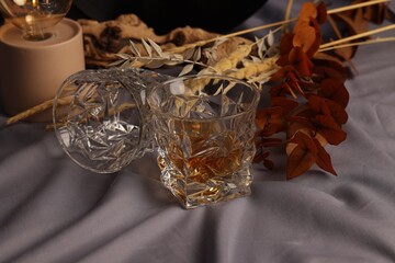 Glass of tasty alcoholic drink, empty one and decorative plants on grey fabric, closeup