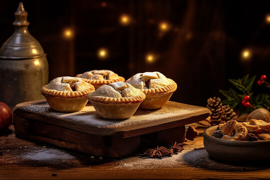 Mince Pie Served On A Wooden Plate,  A Sweet Pie Of English Origin Filled With Mincemeat, Being A Mixture Of Fruit, Spices And Suet