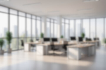 Virtueller Hintergrund für Videokonferenzen. Schöner, verschwommener Hintergrund einer hellen, modernen Büroeinrichtung mit Panoramafenstern.