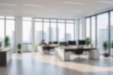 Virtueller Hintergrund für Videokonferenzen. Schöner, verschwommener Hintergrund einer hellen, modernen Büroeinrichtung mit Panoramafenstern.