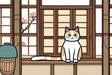 a cute cat sitting by the window of a hanok house.