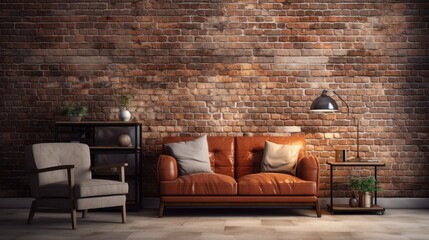 Living room loft in industrial style, a room Stylish Modern with sofa, wood tables, and a concrete wall, Generative AI