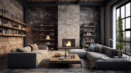 Fototapeta na wymiar Living room loft in industrial style, a room Stylish Modern with sofa, wood tables, and a concrete wall, Generative AI