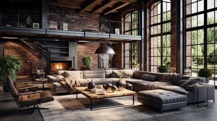 Living room loft in industrial style, a room Stylish Modern with sofa, wood tables, and a concrete wall, Generative AI