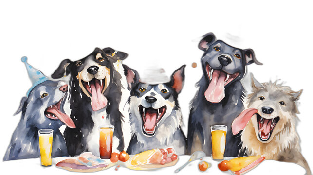 painting of dogs with happy birthday hats on transparent background