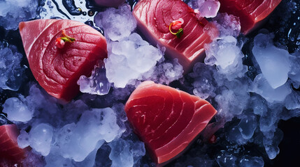 Fototapeta Slices of tuna fish on the ice cubes. Fresh fish fillet. Seafood background. Generative AI obraz