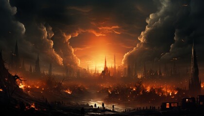 black Death walks through the city scorched by war, the silhouette of a skeleton against the background of an atomic explosion, a world conflict between nuclear powers. Made in AI. - obrazy, fototapety, plakaty