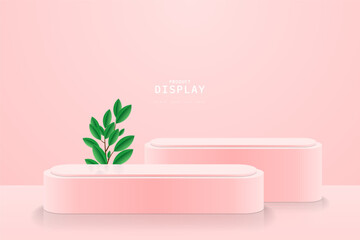 Clean Pink 3d room with set of round podium or stand for product display and leaf branch. Podium scene for mockup template. Stage for showcase. 3D Vector rendering. Design for advertise product.
