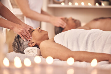 Head, massage and zen with old couple in spa for vacation, luxury and beauty salon. Peace, wellness...