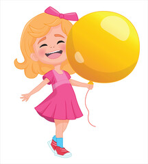 cute little girl in a pink dress holding a balloon smiling vector drawing