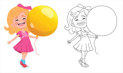 cute little girl in a pink dress holding a balloon smiling vector drawing coloring book