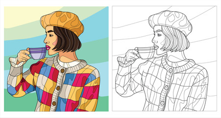 woman in beret with cup of coffee tea vector drawing style