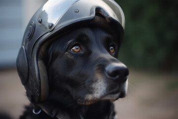 a dog wearing a helmet