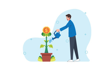 businessman watering coin money plant, successful entrepreneur illustration, business growth