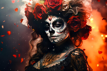 Naklejka premium Day of the Dead festival. Mexican woman with sugar skull makeup and art decoration with flowers. Halloween holiday.