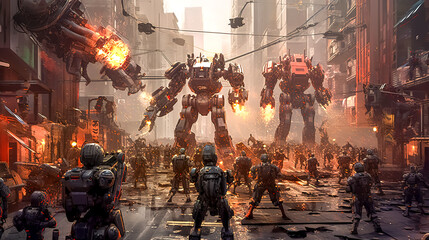 army robot transformer in a futuristic war city. - obrazy, fototapety, plakaty