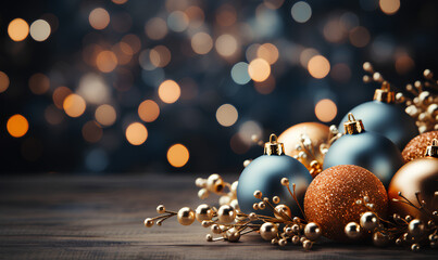 Christmas and Winter Background, Bokeh effect. Merry Christmas and a Happy New Year Greeting Card with copy space area - Generative AI
