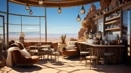 A desert concept cafe overlooking the sea of sand - obrazy, fototapety, plakaty