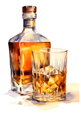 ウィスキーのボトルとグラス　水彩イラスト